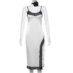 Lace hem satin ribbon high slit flower applique cami mini dress