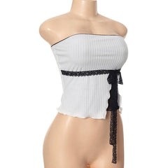 Bowknot lace hem ribbed patchwork slit backless ruffle tube top