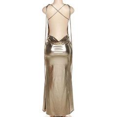 Metallic cowl neck cross back self tie ruched maxi dress