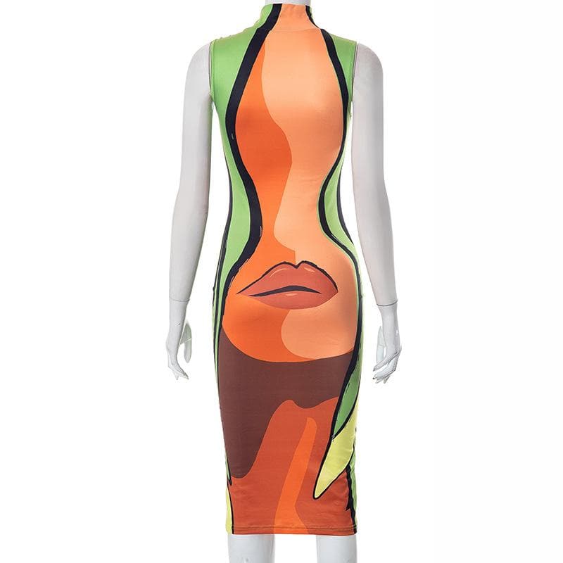 Abstract sleeveless high neck contrast midi dress