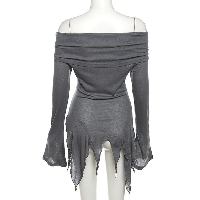 Off shoulder long sleeve irregular ruched solid top