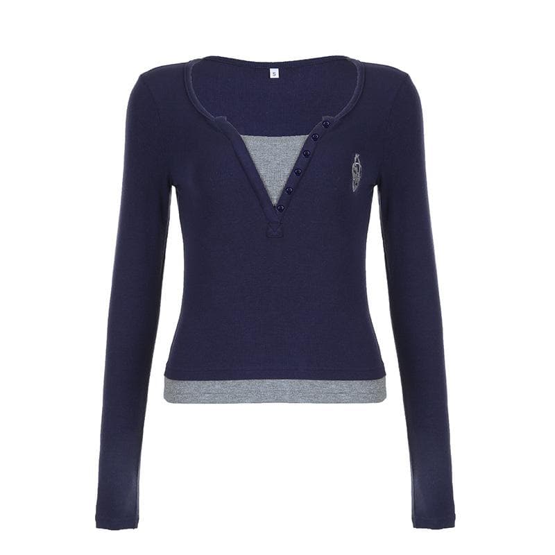 Patchwork button contrast long sleeve embroidery top