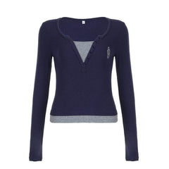 Patchwork button contrast long sleeve embroidery top