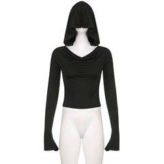 Cowl neck solid long flared sleeve hoodie 2-way top