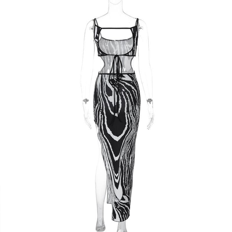 Zebra print contrast irregular slit hollow out backless midi dress