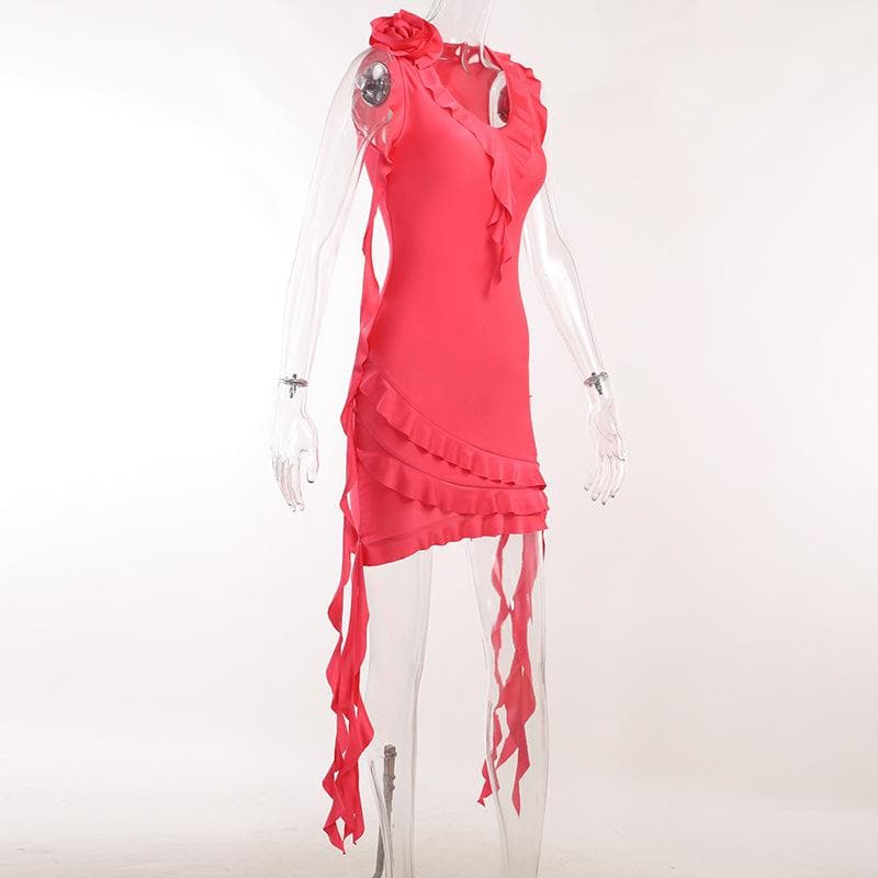 Sleeveless v neck ruffle flower applique ribbon mini dress