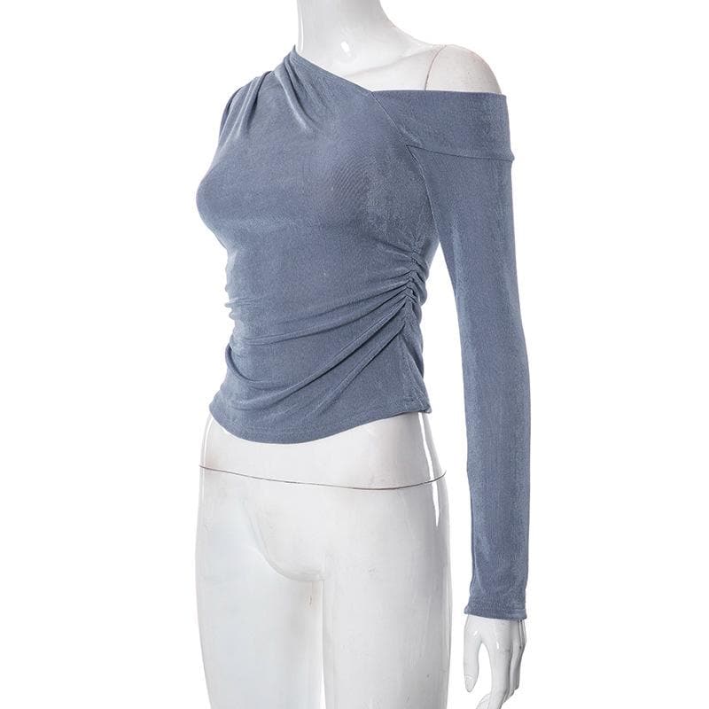 Solid off shoulder long sleeve irregular ruched top