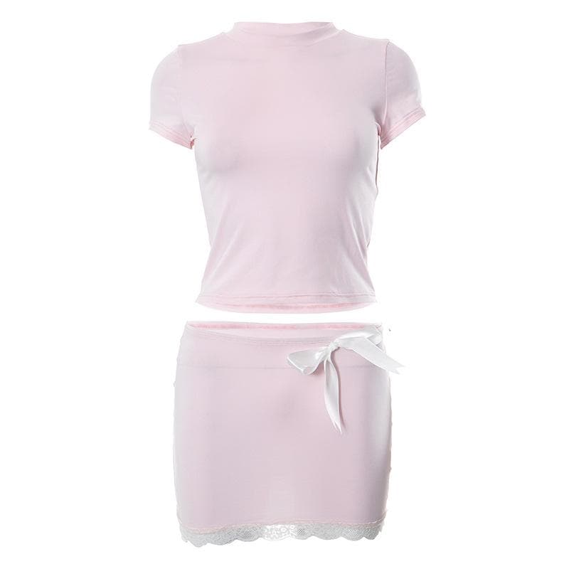 Lace hem bowknot short sleeve high neck mini skirt set