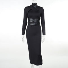 Cross front solid long sleeve PU leather high neck slit midi dress