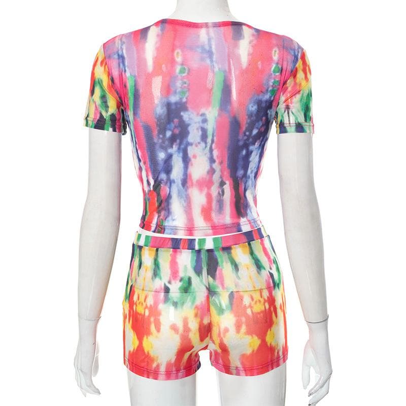 Short sleeve crewneck tie dye contrast mesh pant set