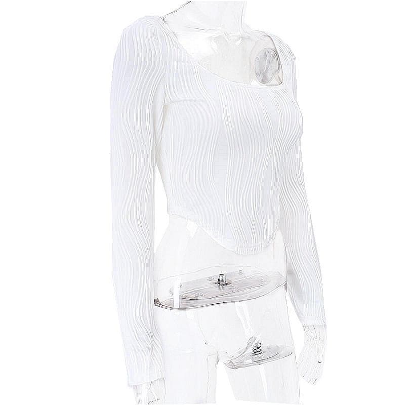 Textured u neck solid long sleeve corset crop top