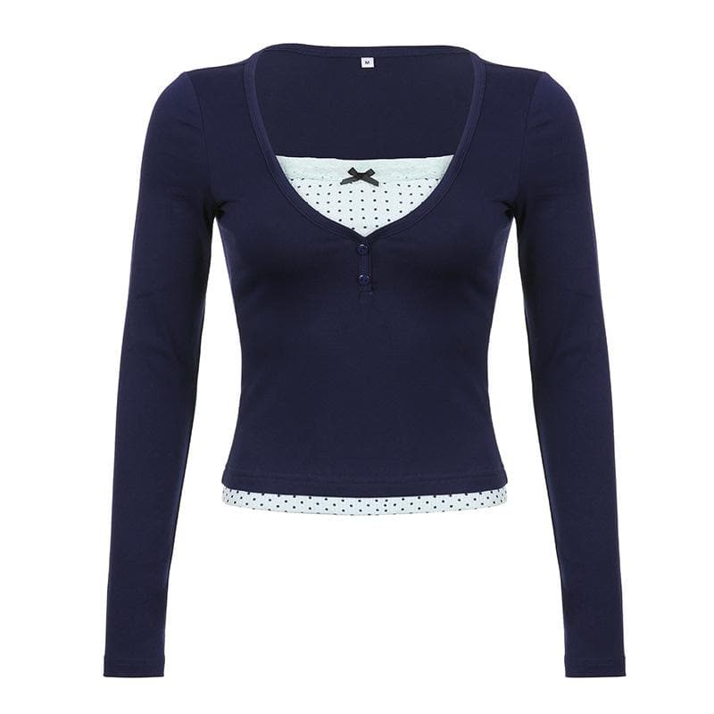 Polka dot patchwork long sleeve lace hem button top