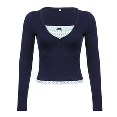 Polka dot patchwork long sleeve lace hem button top