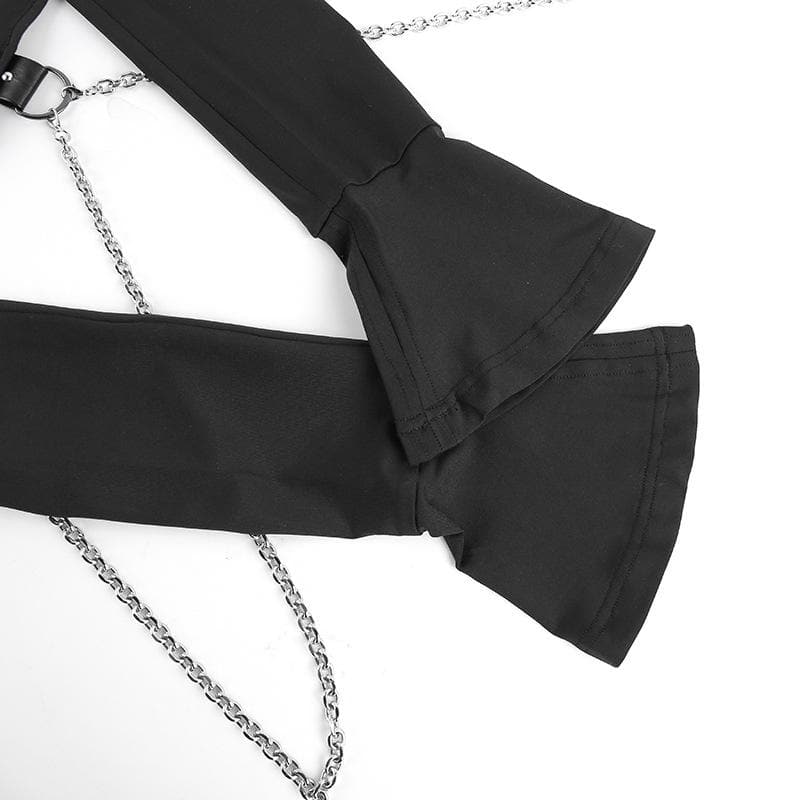 Patchwork metal chain buckle hoodie long sleeve crop top