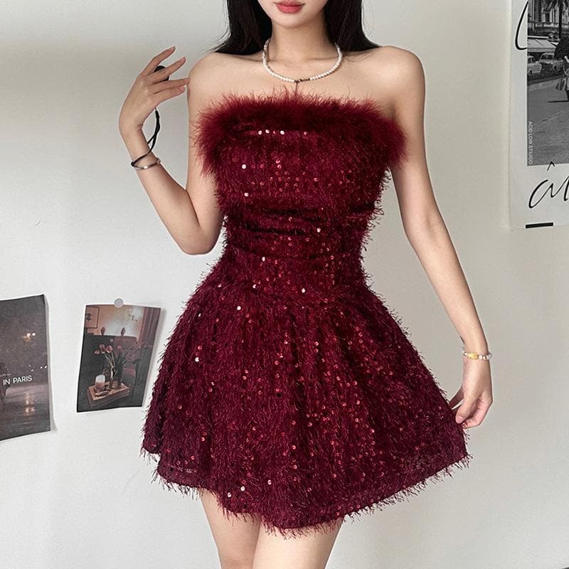 Textured glitter backless feather tube mini dress