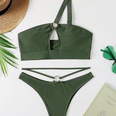 Hollow out one shoulder high waisted 2 piece bikini