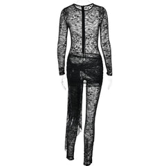 Lace see through long sleeve self tie zip-up jumpsuit