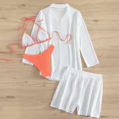 Chiffon long sleeve halter self tie contrast 4 piece swimwear