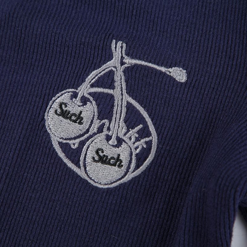 Patchwork button contrast long sleeve embroidery top