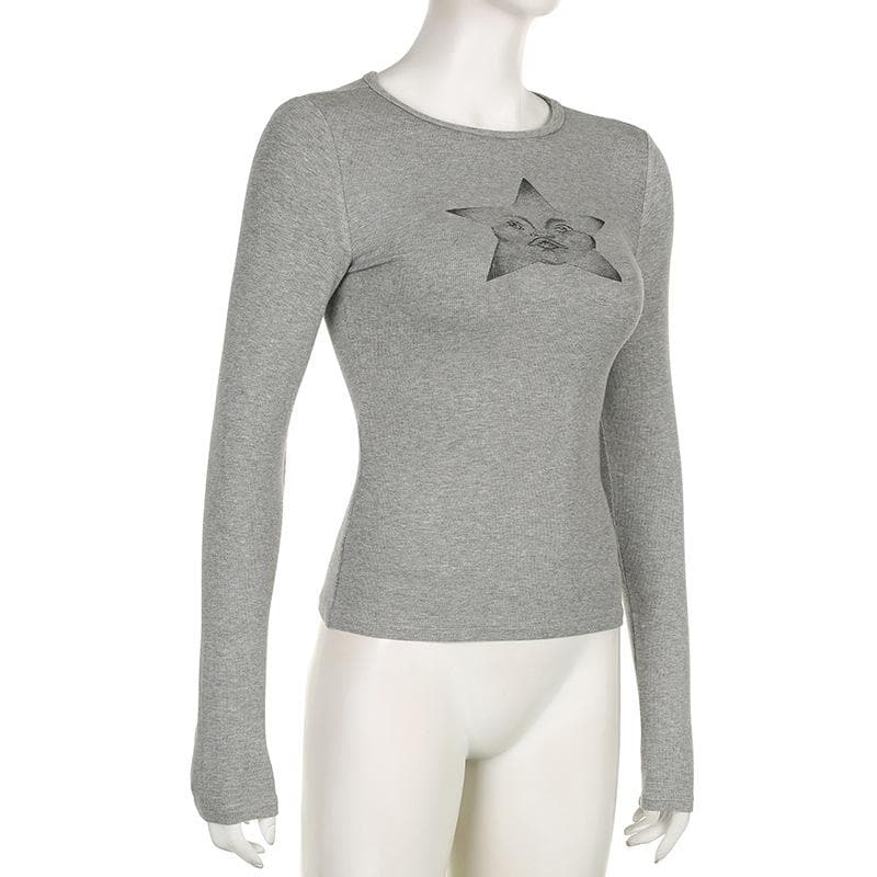 Star pattern long sleeve crewneck contrast top