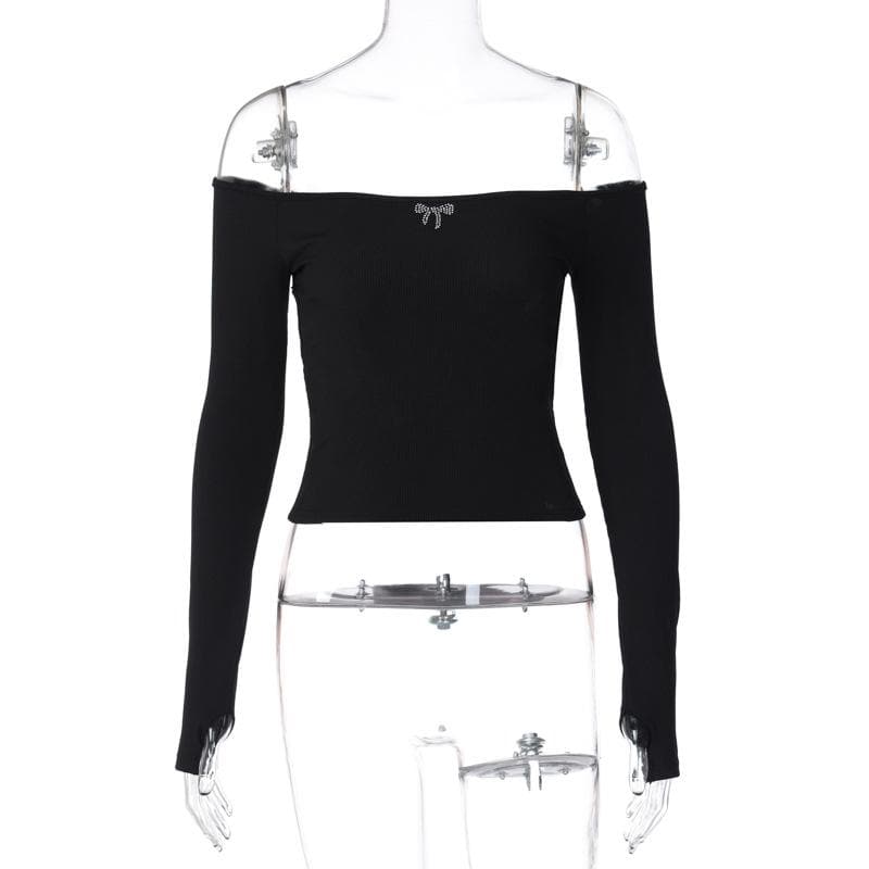 Off shoulder long sleeve gloves solid hollow out cut out top
