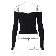 Off shoulder long sleeve gloves solid hollow out cut out top