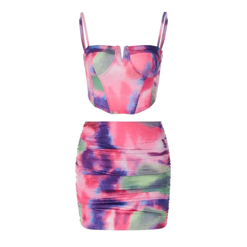 Ruched contrast tie dye notch neck backless corset cami mini skirt set