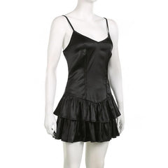 Satin v neck backless zip-up ruched solid cami mini dress