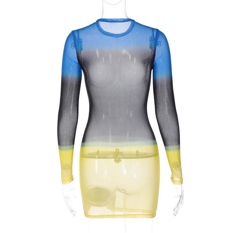 Contrast sheer mesh see through long sleeve crewneck mini dress