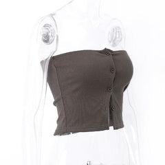 Sleeveless solid button backless tube top