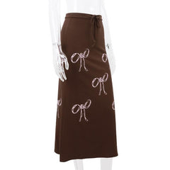 Drawstring ruched bowknot print contrast self tie midi skirt