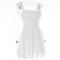 Lace hem solid cap sleeve zip-up ruched lace up mini dress