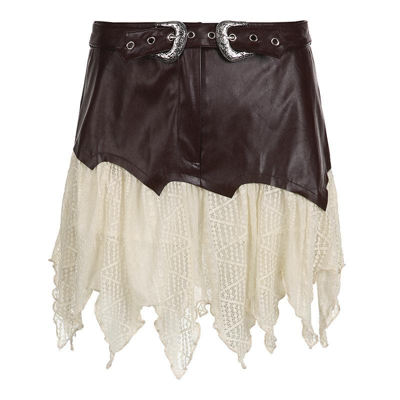 Irregular PU leather patchwork ruffle belt textured mini skirt