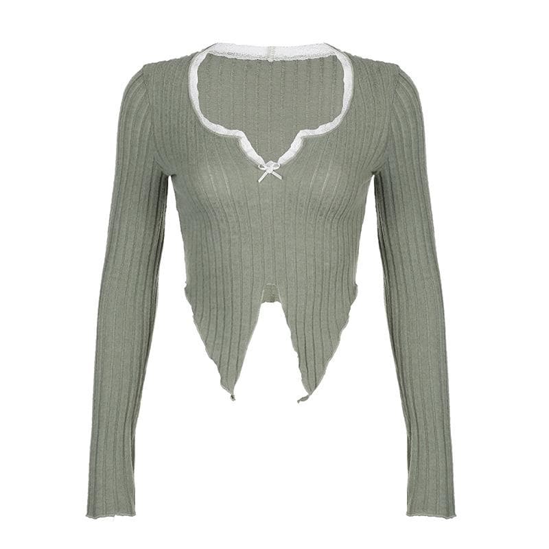 Textured lace hem contrast long sleeve notch neck slit crop top