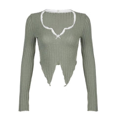 Textured lace hem contrast long sleeve notch neck slit crop top