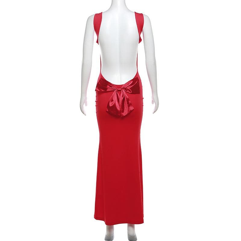 Cowl neck bowknot backless solid cami maxi dress