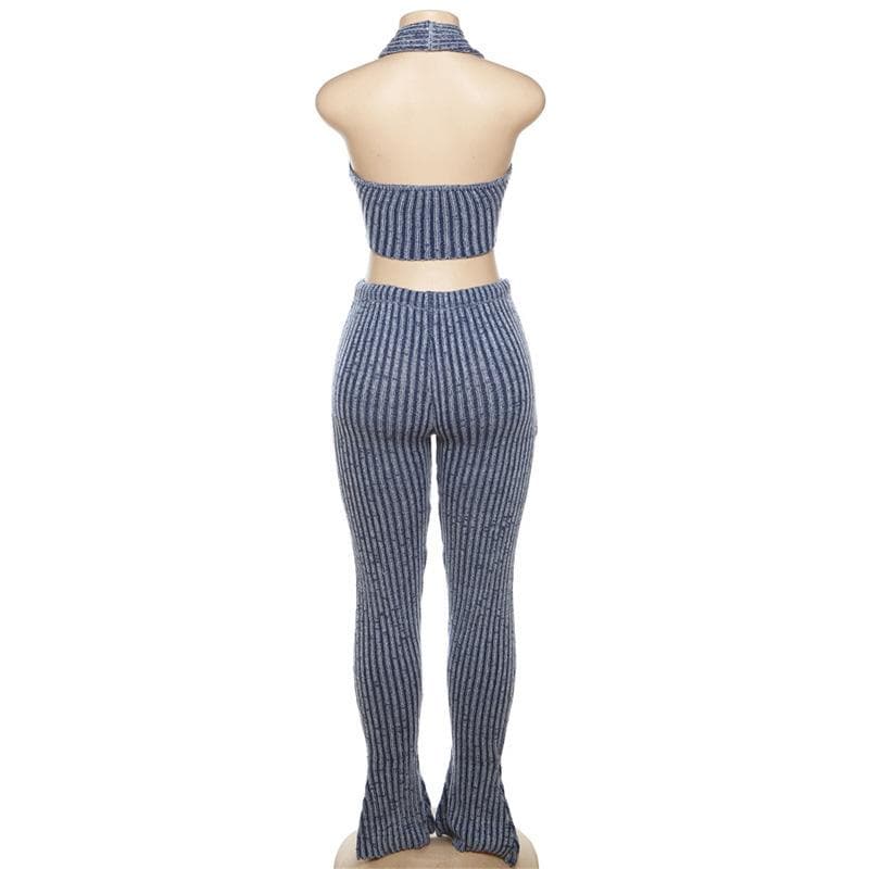 Textured striped contrast halter slit pocket v neck pant set