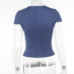 Short sleeve crewneck hollow out denim self tie top