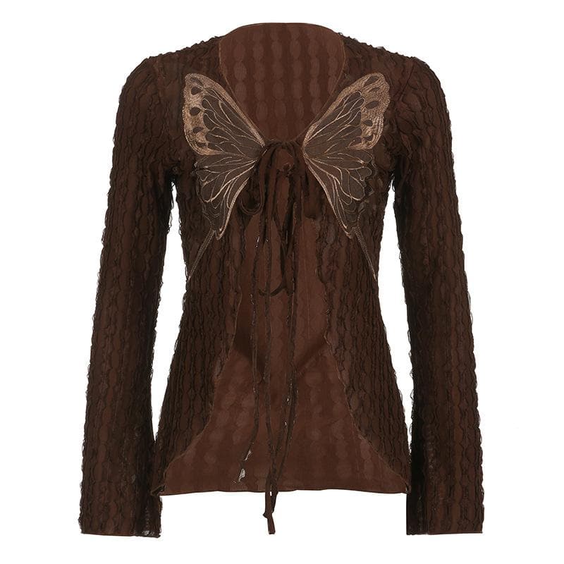 Textured butterfly pattern self tie long sleeve v neck crop top