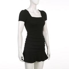 Solid ribbed ruched square neck ruffle short sleeve mini dress