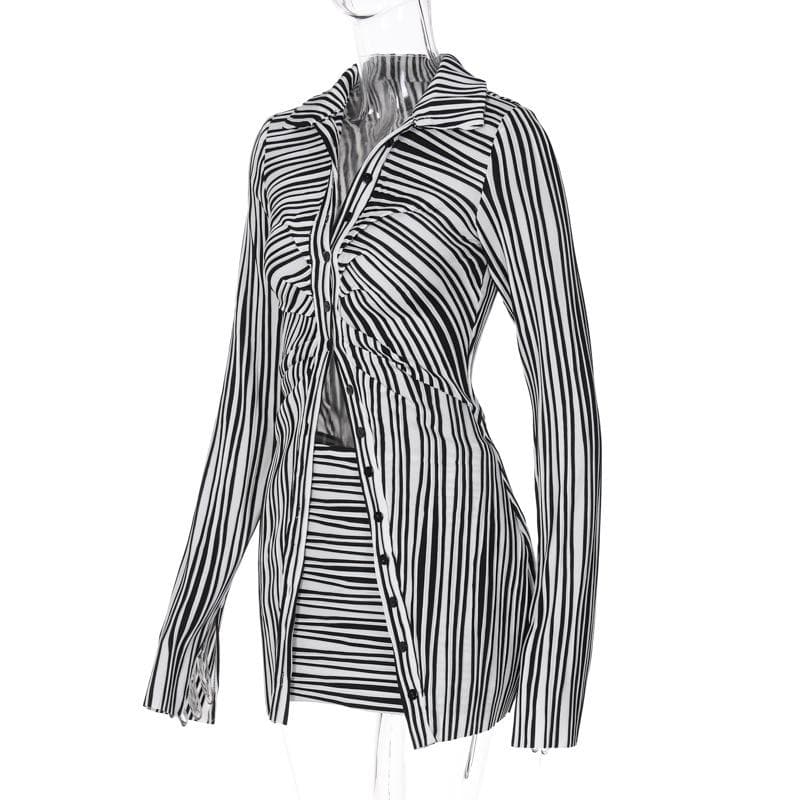 Striped contrast turnover collar button ruched slit long sleeve mini skirt set