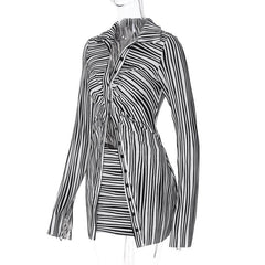 Striped contrast turnover collar button ruched slit long sleeve mini skirt set