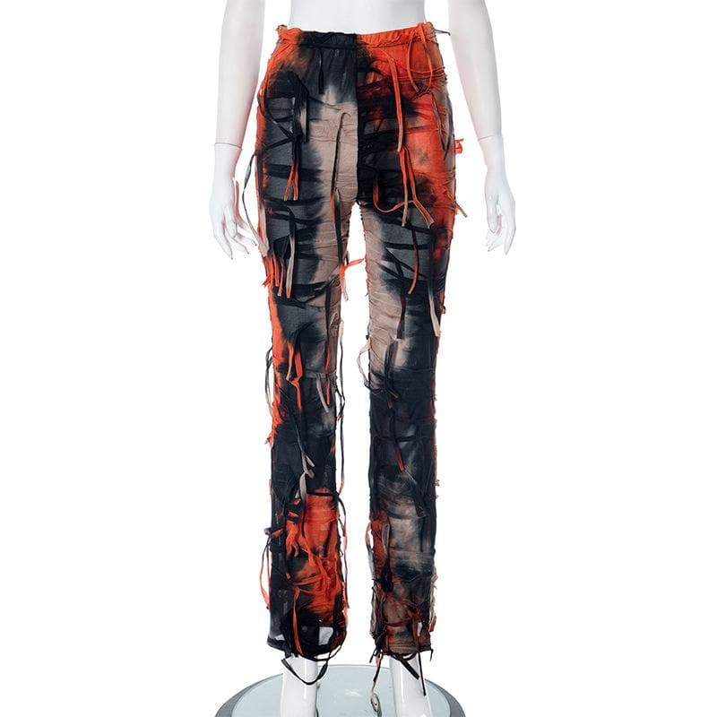 Tie dye textured tassels contrast high rise pant