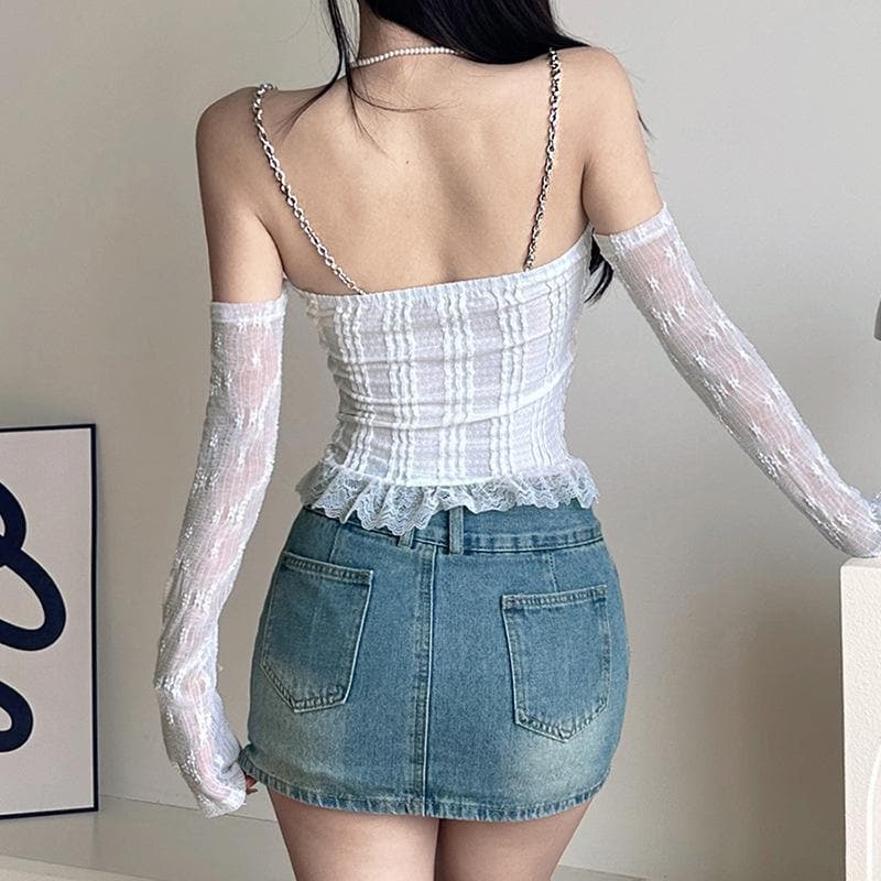 Textured solid long sleeve metal chain lace hem off shoulder top