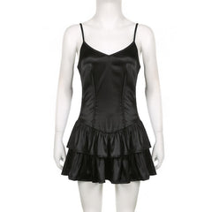 Satin v neck backless zip-up ruched solid cami mini dress