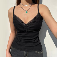 Ribbed solid lace hem v neck button backless cami top