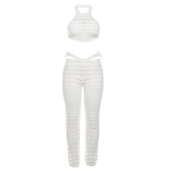 Textured halter self tie see through backless solid pant set