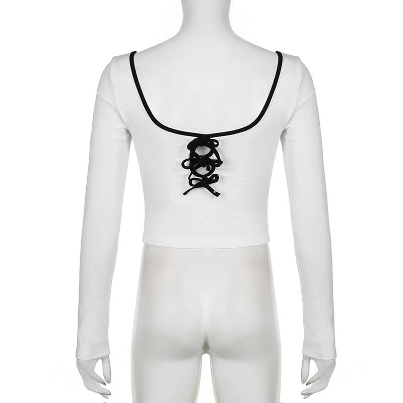 Square neck bowknot contrast long sleeve crop top