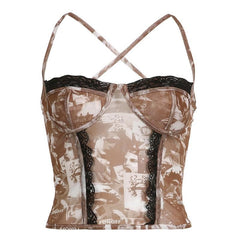 Cross back lace hem backless mesh contrast print cami top