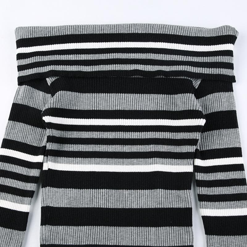 Striped contrast off shoulder long sleeve knitted top